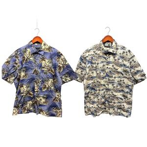 Pierre Cardin Hawaiian Aloha Shirts Men's Large Blue Tan Tropical Lot 2